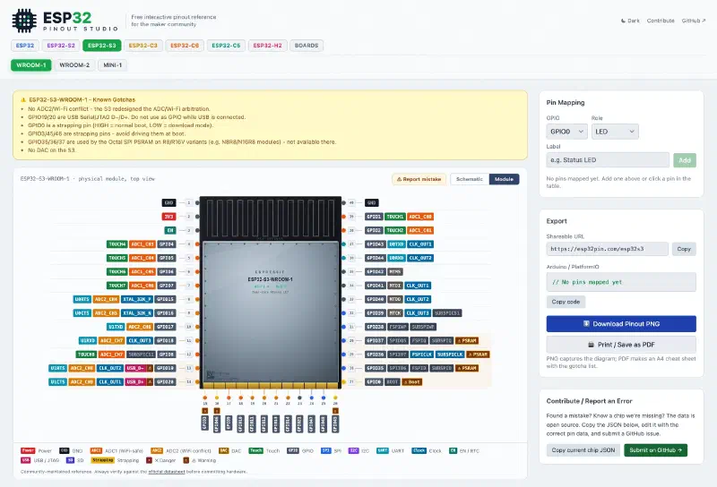 Fig. 1 - Vista del módulo ESP32-S3-WROOM-1: restricciones por pin en el diagrama y advertencias de la placa en la parte superior