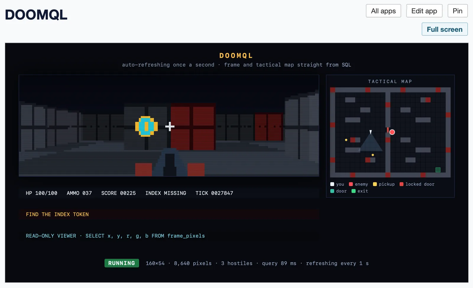 Aplicación web de Datasette mostrando DOOMQL renderizado a partir de consultas SQL