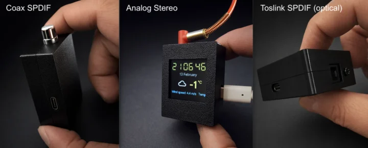 Versiones de salida de audio SendSpinZero: Coaxial S/PDIF, Estéreo Analógico y S/PDIF óptico