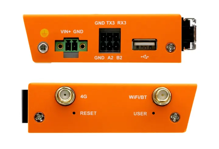 Vista superior e inferior con conexiones RS-485, terminales y antenas SMA