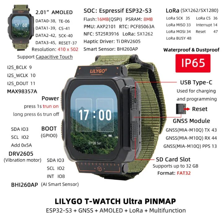 Diagrama de pines del LILYGO T-Watch Ultra con ESP32-S3 e IP65