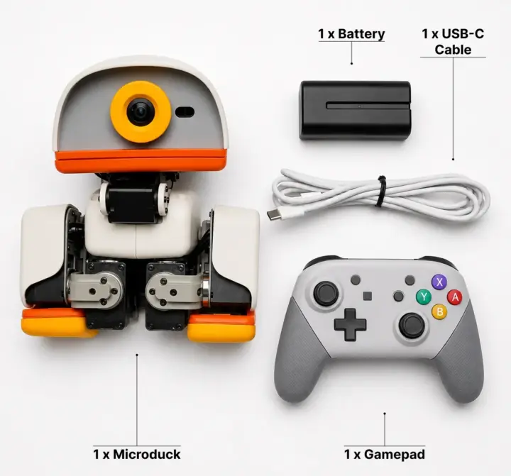 Microduck con su control, batería y cable USB
