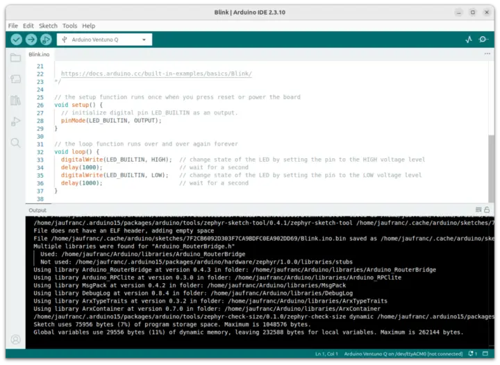 Compilación del ejemplo Blink de Zephyr para la Arduino Ventuno Q