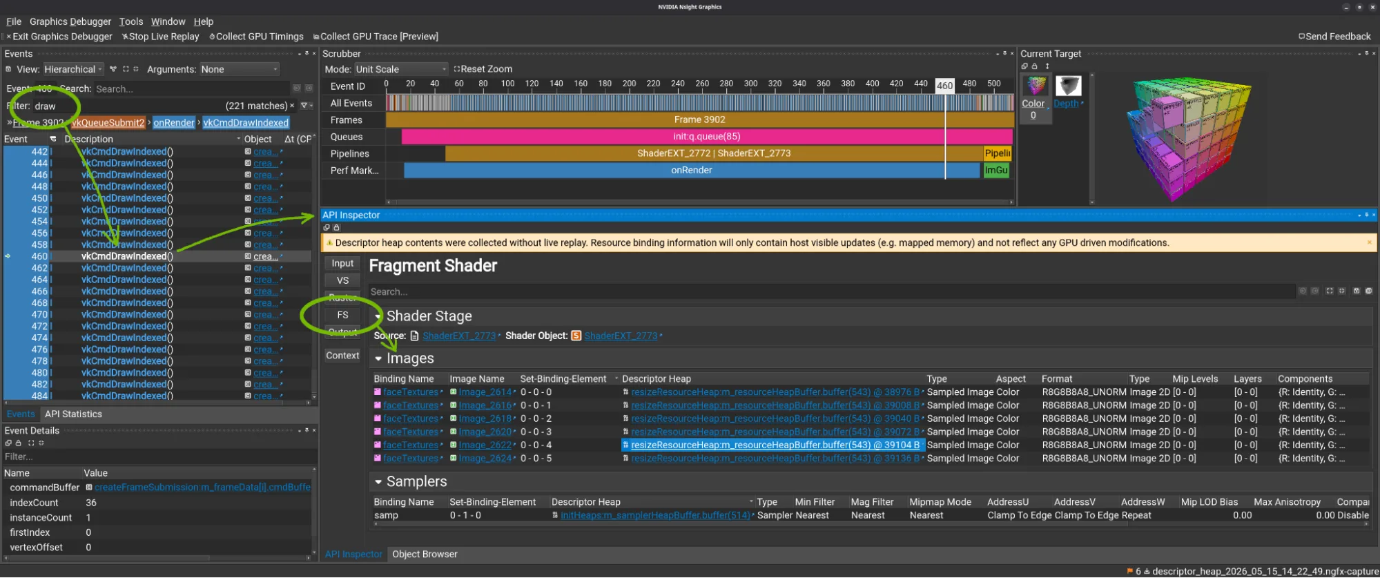 Figura 2. Nsight Graphics mostrando seis imagenes mapeadas en descriptor heap al dibujar un cubo con vkCmdDrawIndexed