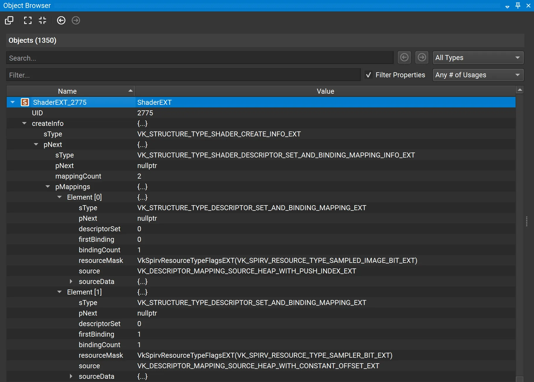 Figura 3. Los mappings se inspeccionan en objetos VkShaderEXT y en pipelines Vulkan desde la ventana Object Browser de Nsight Graphics