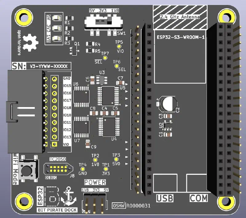 Render del ESP32-Bit-Pirate-Dock con un dev kit encajado