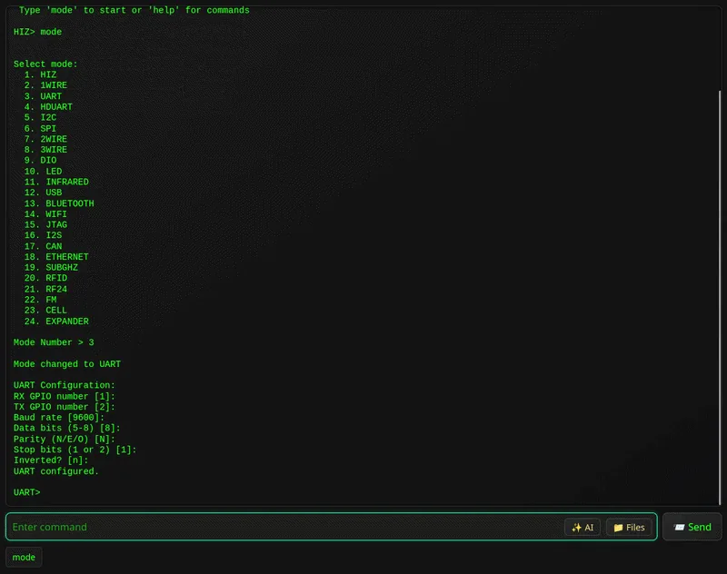 Selección del modo UART y configuración del bus en la consola web de ESP32 Bit Pirate