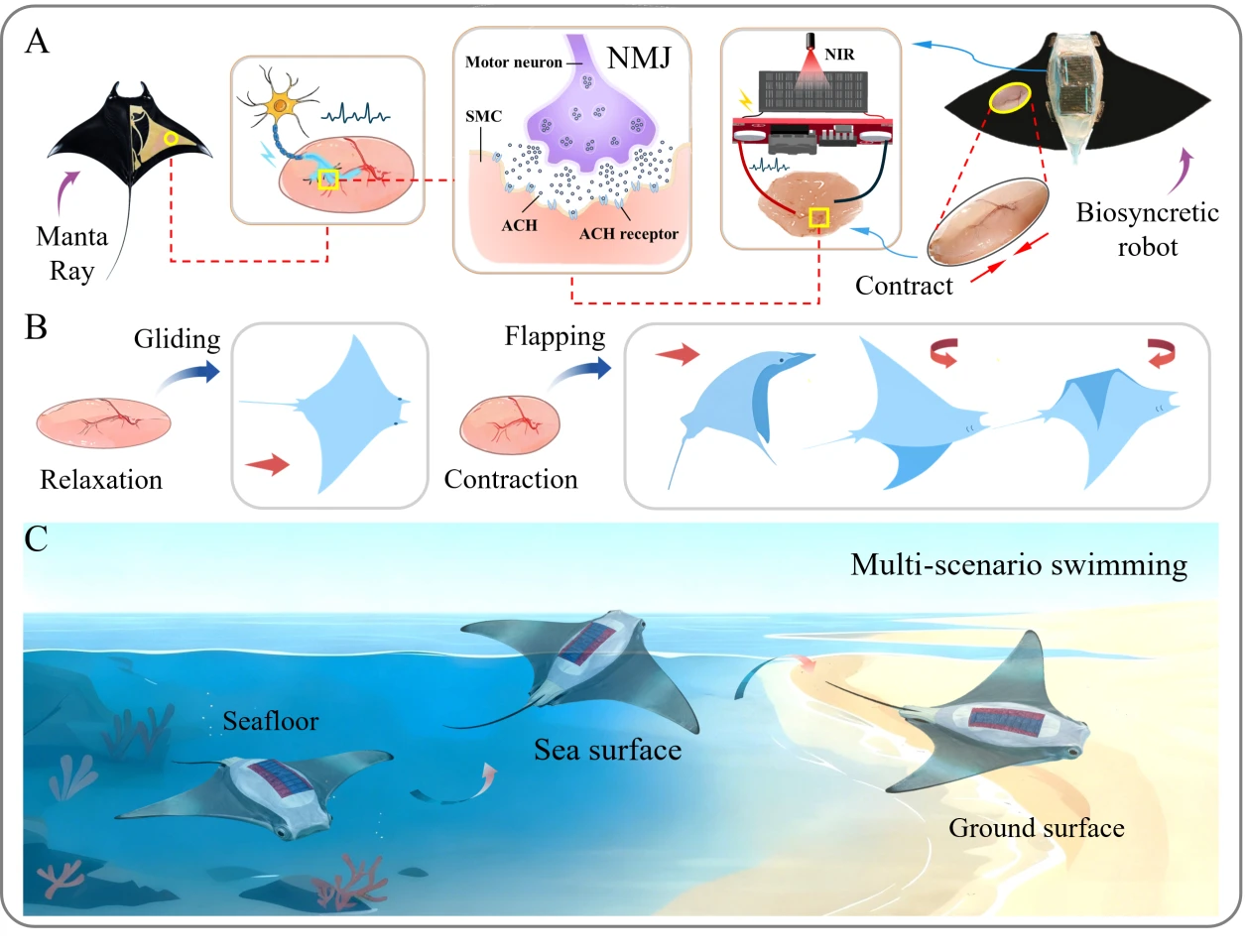 Diagrama que ilustra el movimiento de nado de la manta raya robótica