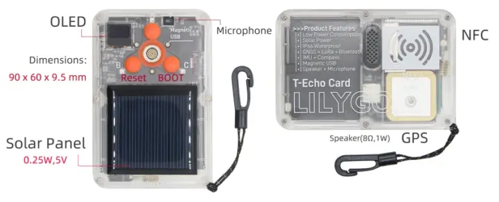 T-Echo Card con panel solar, OLED, micrófono, altavoz, GPS y NFC