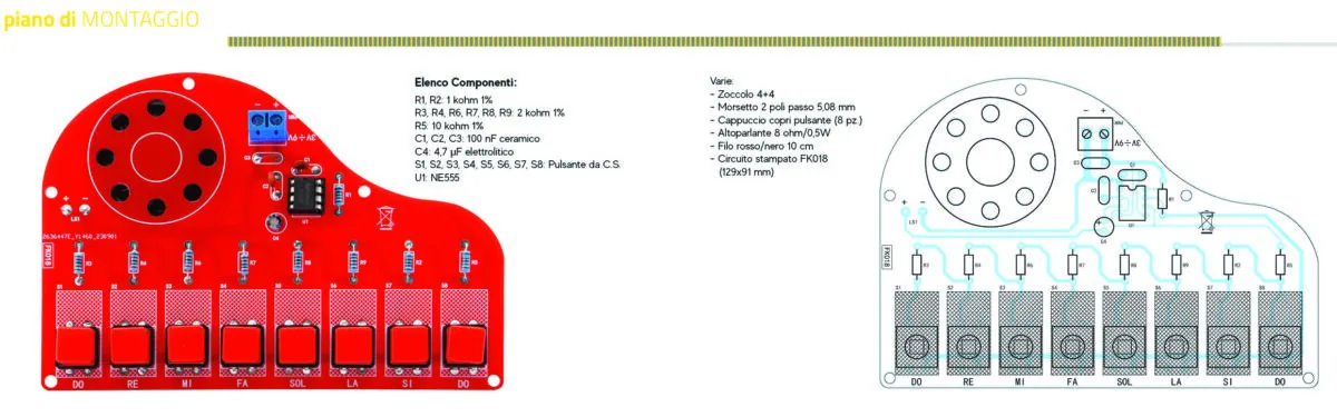 Diagrama del circuito y vista de montaje del piano electrónico