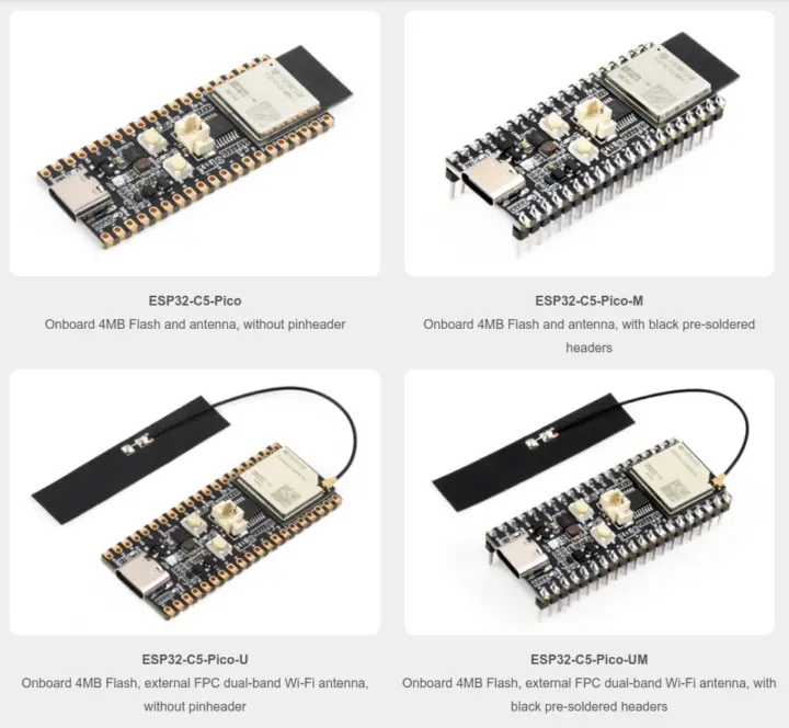 Variantes de antena y cabezales de la ESP32-C5 Pico