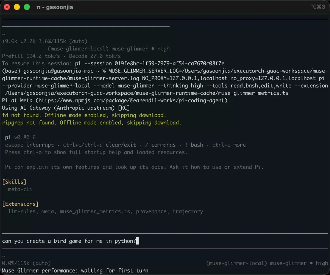 Cadena agéntica de Muse Glimmer en un M5 Pro usando el agente de programación Pi