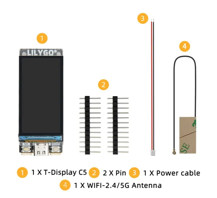 Headers, cable de alimentación y antena WiFi de la T-Display C5