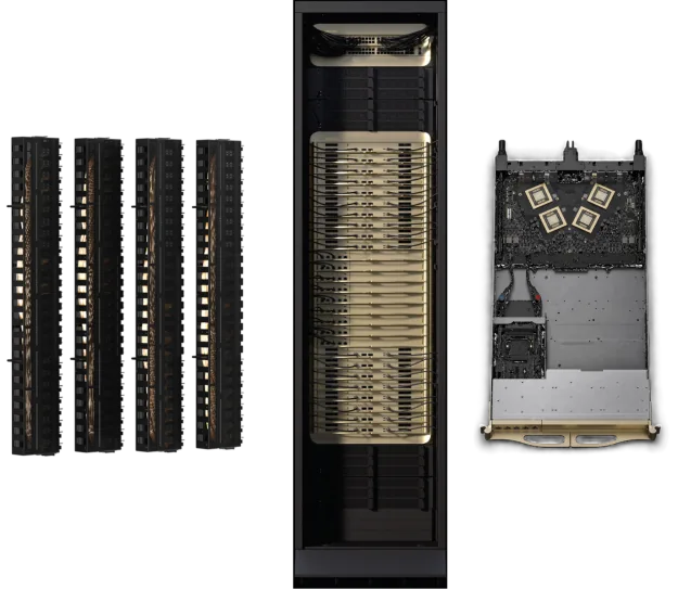 Figura 2. La espina NVLink de Vera Rubin NVL72, el rack y las bandejas del conmutador NVLink 6 entregan 260 TB/s de ancho de banda de todos contra todos, 3,6 TB/s por GPU y 130 TFLOPS de cómputo en red.
