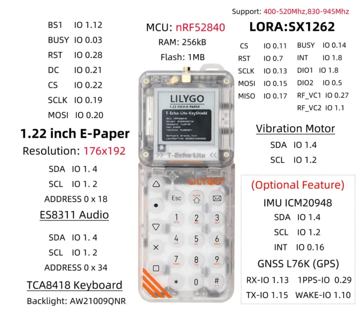 Diagrama de pinout del T-Echo Lite Kit