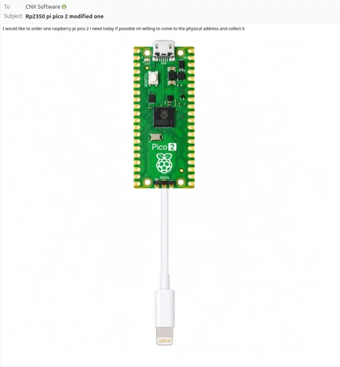 Ilustración de una placa Raspberry Pi Pico 2 unida a un cable Lightning de Apple