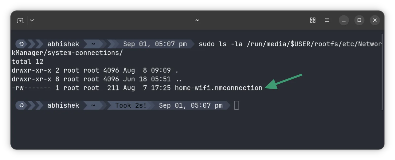 Archivo de conexión de NetworkManager dentro de la partición rootfs de la tarjeta