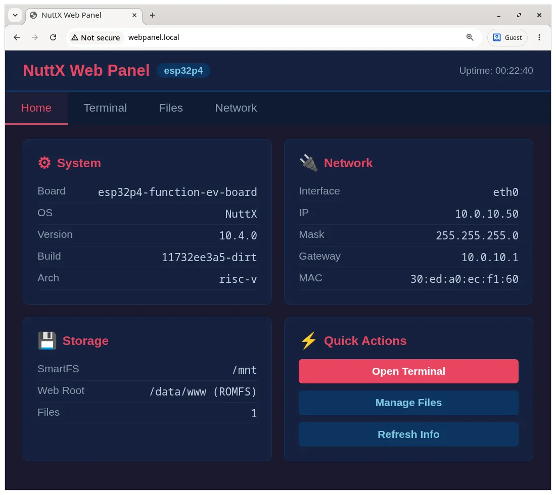 NuttX Web Panel corriendo sobre ESP32-P4 en su pagina inicial.