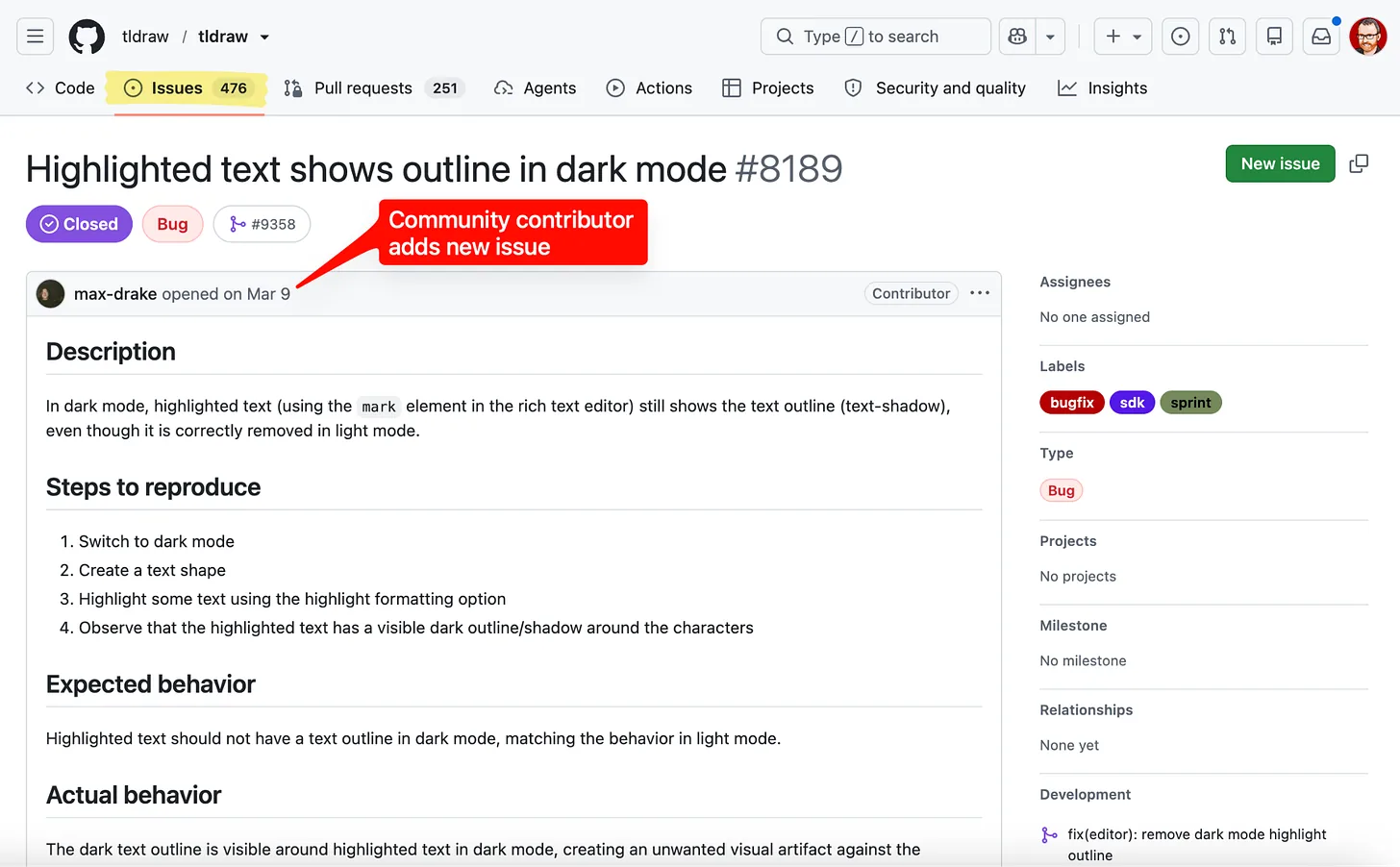 Ejemplo de un problema de tldraw (arriba) convertido en un pull request (abajo)