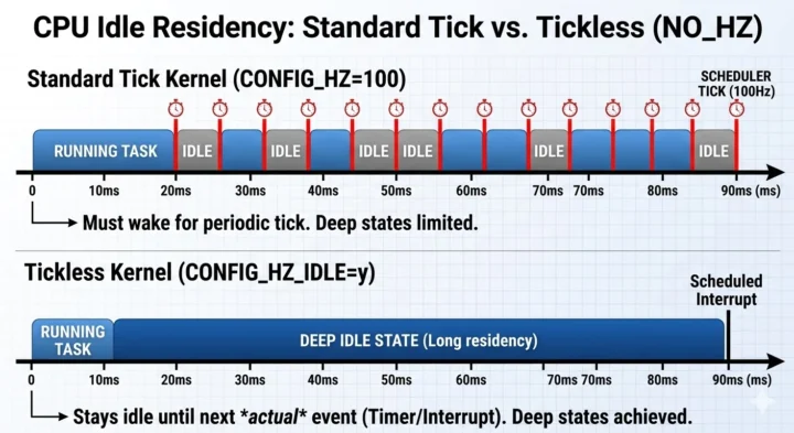 Residencia de CPUidle comparando tick estándar frente a sistema tickless
