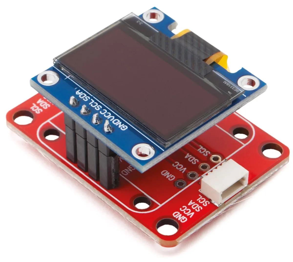 El adaptador STEMMA QT/Qwiic con el módulo de pantalla de 0,96 pulgadas montado