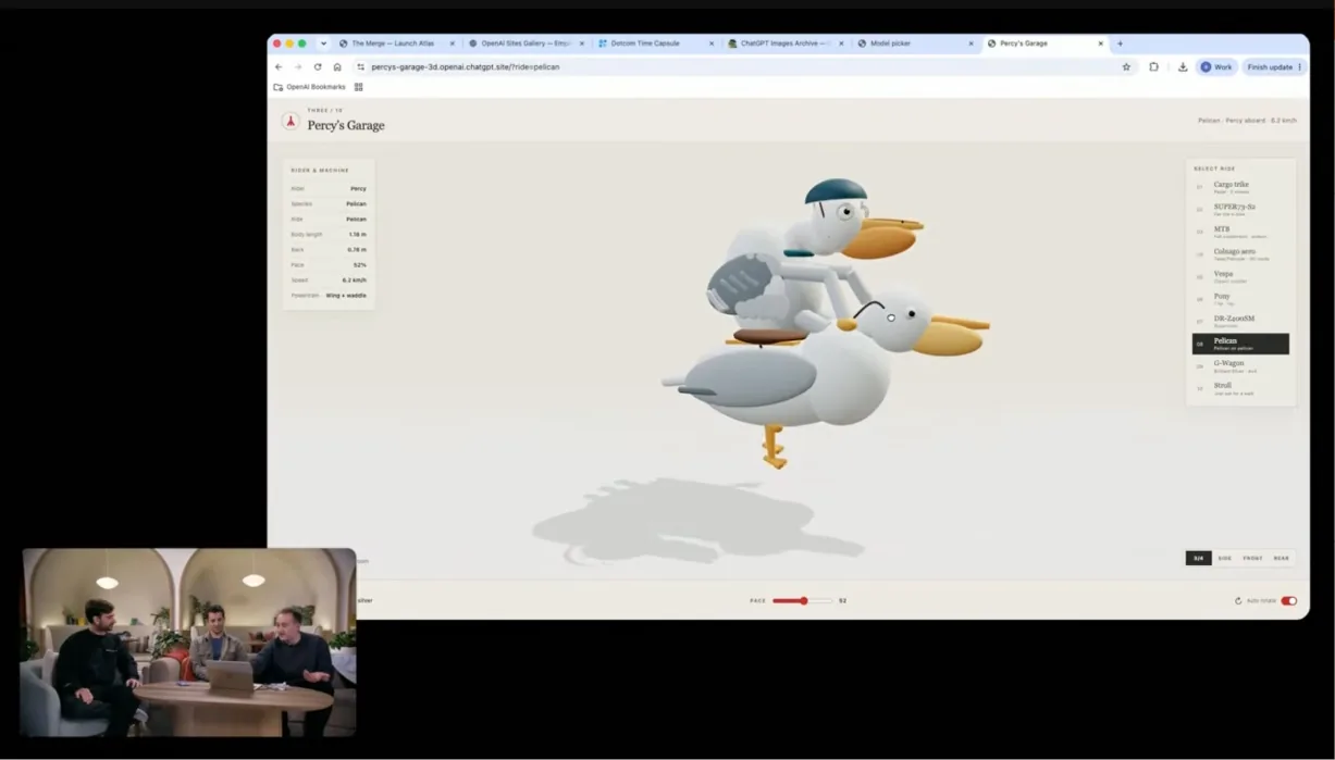 Cuadro de una transmisión en vivo que muestra un modelo 3D de un pelícano montando otro pelícano