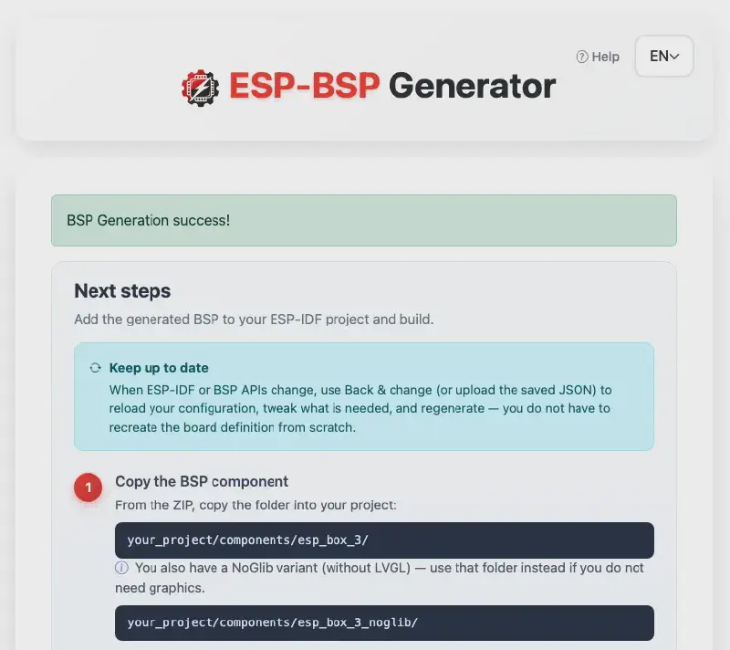 Pantalla de éxito con siguientes pasos, lista de archivos y botón para descargar el ZIP