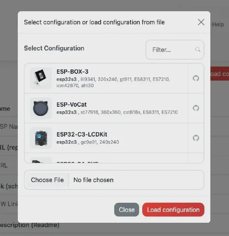 Diálogo para cargar configuración desde un board de arranque como ESP-BOX-3 o ESP32-C3-LCDKit