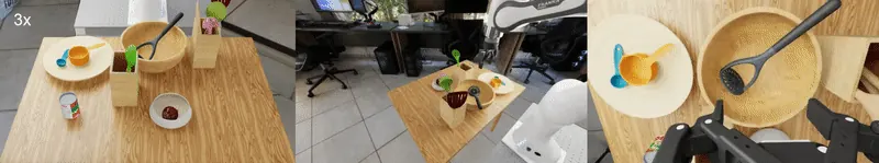 Ejemplo de episodio de evaluación para la tarea "poner la taza medidora naranja y la azul fuera del plato" con la política pi0.5