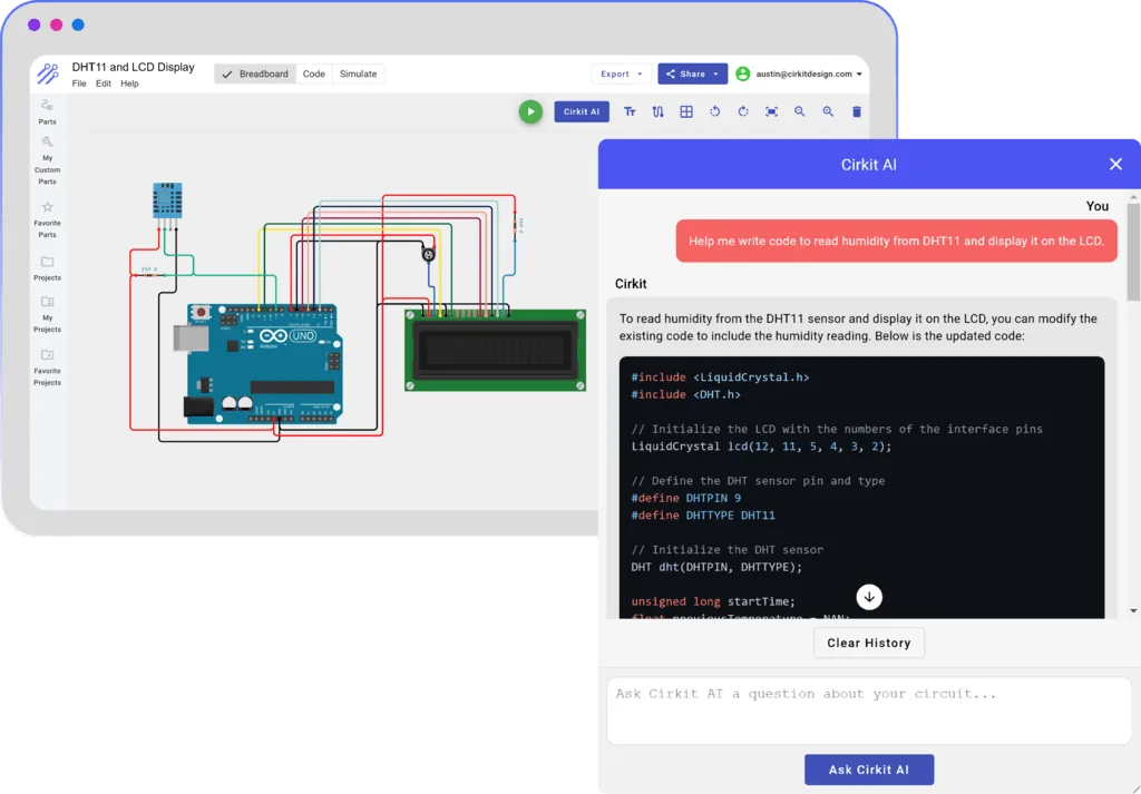 Interfaz de Cirkit Designer con herramientas de diseño y simulación de circuitos
