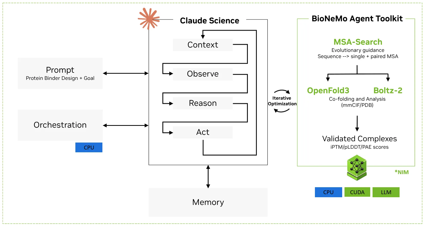 Figura 1. Las habilidades de BioNeMo en Claude Science coordinan la generación de MSA y la predicción de estructura con los servicios MSA Search, OpenFold3 y Boltz-2