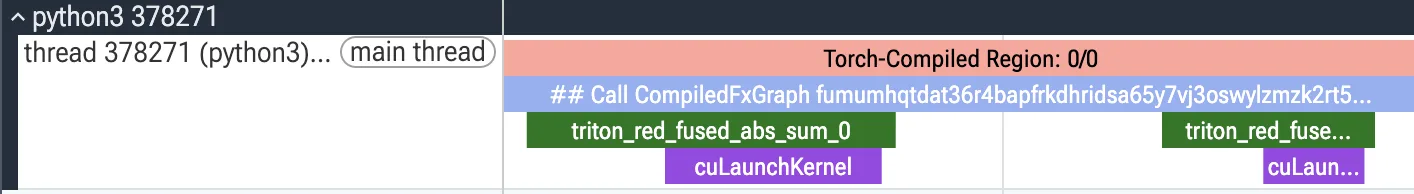Figura 4. Perfil de la versión compilada en Perfetto.dev. Los dos kernels los genera PyTorch aunque la operación esté fusionada por el compilador.