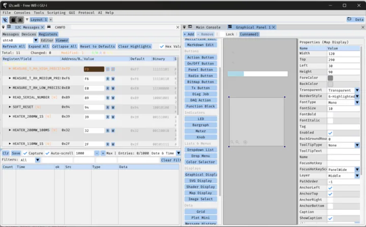 Interfaz de FREE-WILi mostrando registros de dispositivos I2C y controles gráficos de panel