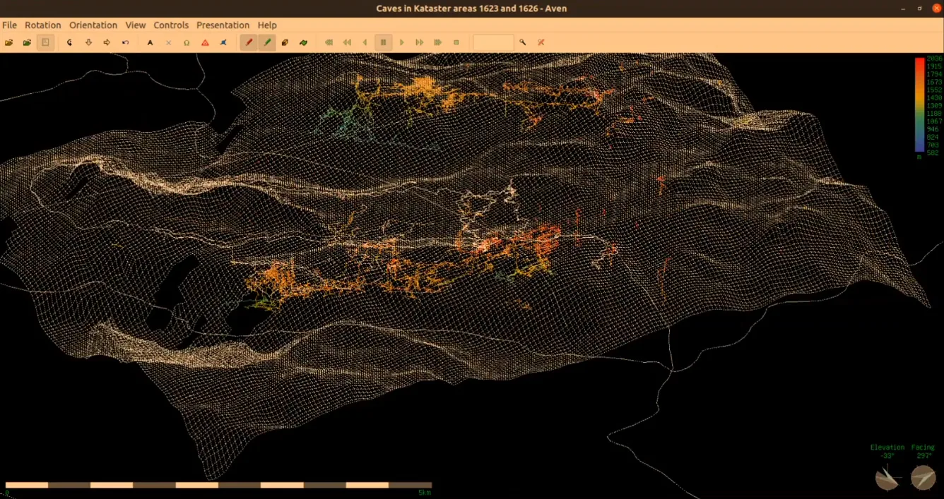 Mapa tridimensional de una cueva generado a partir de datos de topografía subterránea