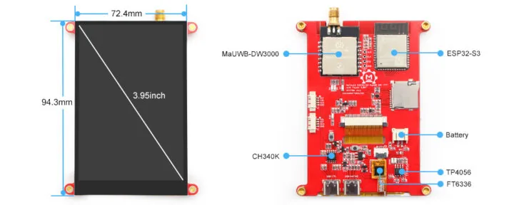 Vista general y dimensiones de la pantalla Makerfabs MaTouch ESP32 S3 UWB