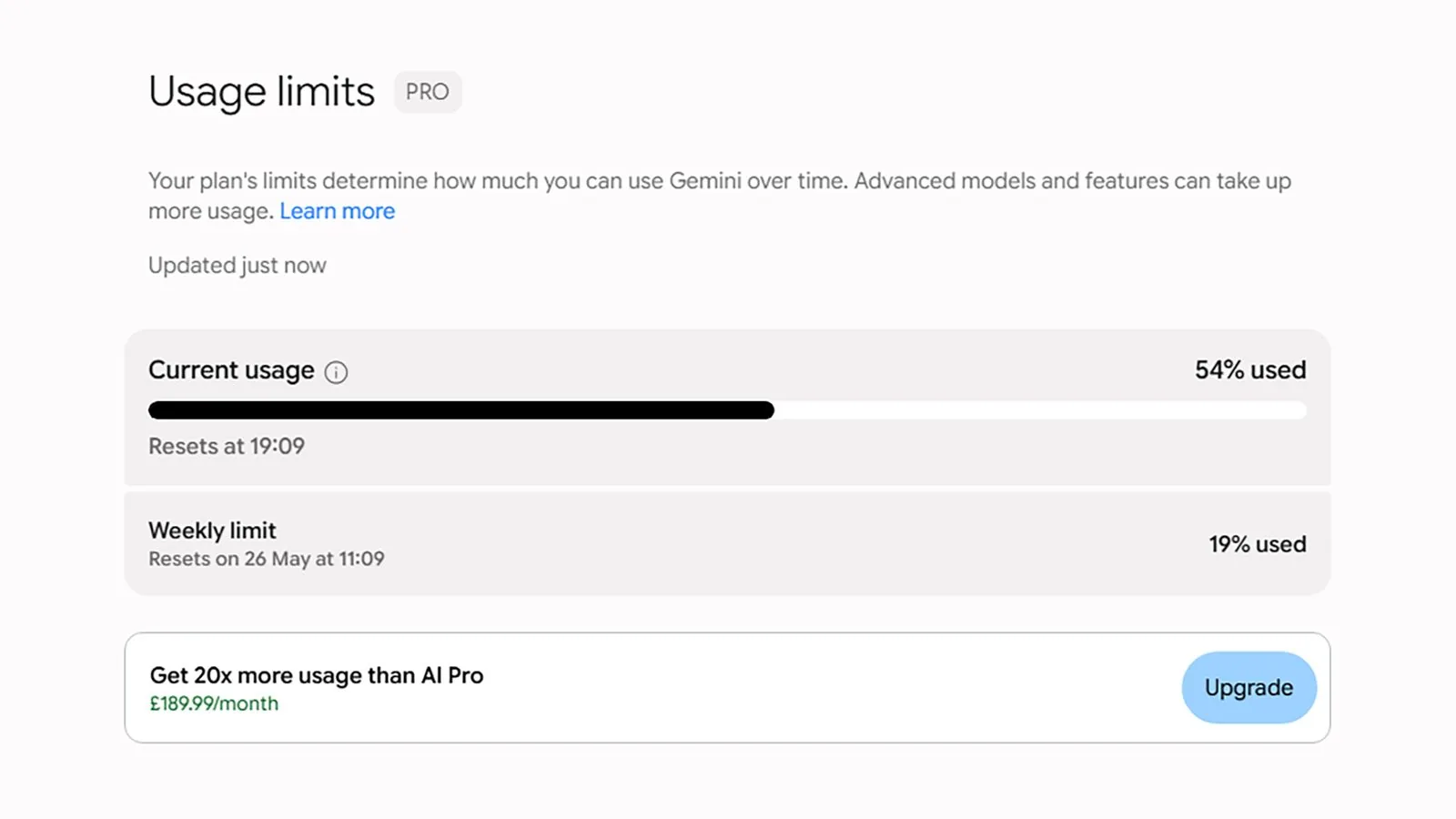 Panel de límites de uso en la app de Gemini