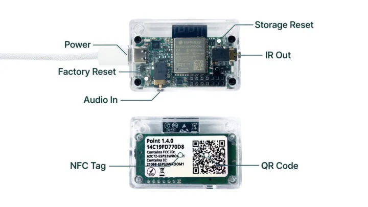 Disposición del hardware del OpenInfrared Point: entrada USB-C, salida IR, entrada de audio, botones de reinicio, etiqueta NFC y código QR