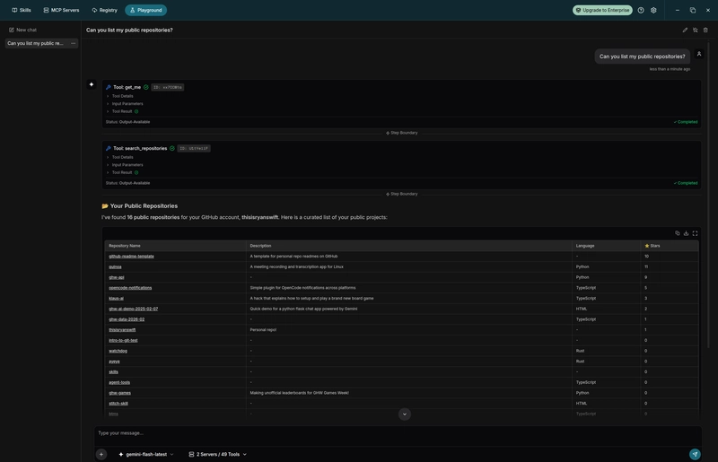 Lista de repositorios obtenidos desde el MCP de GitHub dentro del entorno de pruebas de ToolHive