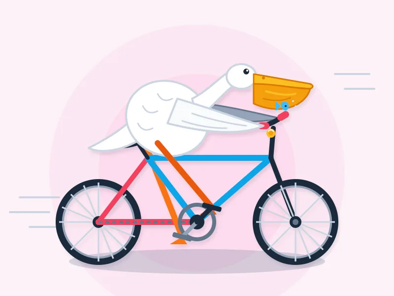 Ilustración vectorial plana de un pelícano blanco montando una bicicleta hacia la derecha sobre un fondo rosa con un círculo más claro detrás