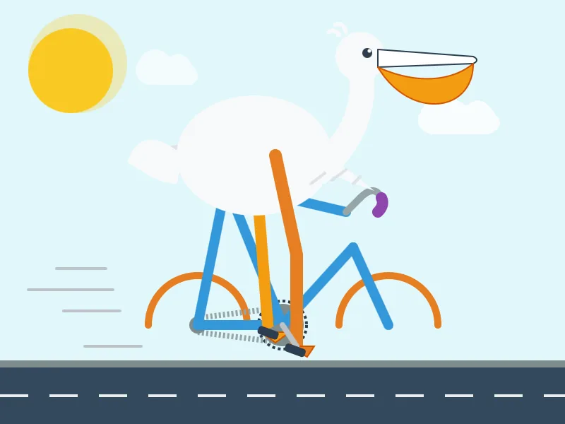 Ilustración vectorial plana de un pelícano blanco con pico naranja sobre una bicicleta destrozada en una carretera gris con marcas viales blancas