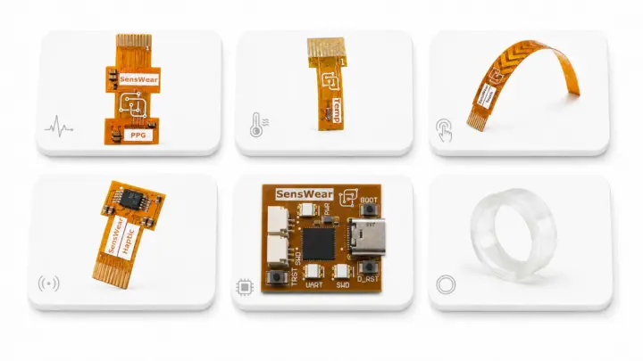 Componentes SensWear: PPG, temperatura, táctil, háptico y placa de depuración