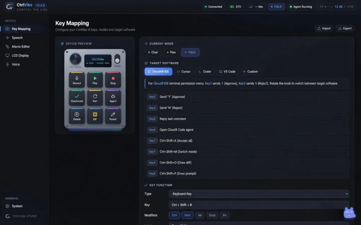 Interfaz de mapeo de teclas de CtrlVibe