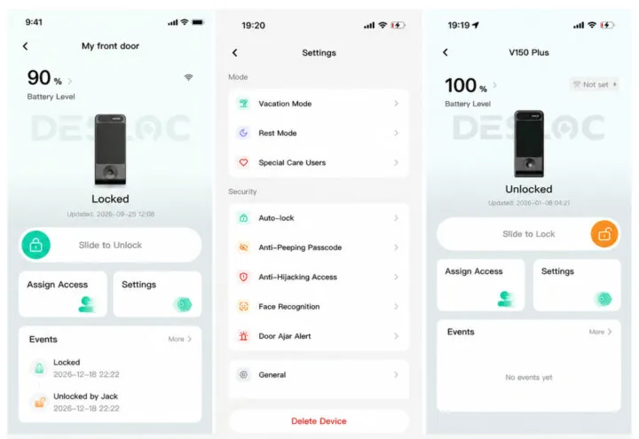 Aplicación móvil DESLOC mostrando estado de batería, controles de cerradura, gestión de accesos, historial y configuración