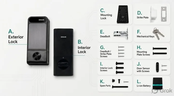 Contenido del paquete: unidad exterior e interior, cerrojo, herrajes, sensor de puerta, llaves mecánicas y batería de litio removible