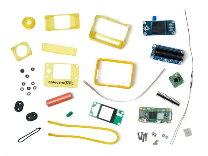 Componentes del kit DIY de cámara basado en Raspberry Pi Zero 2 W