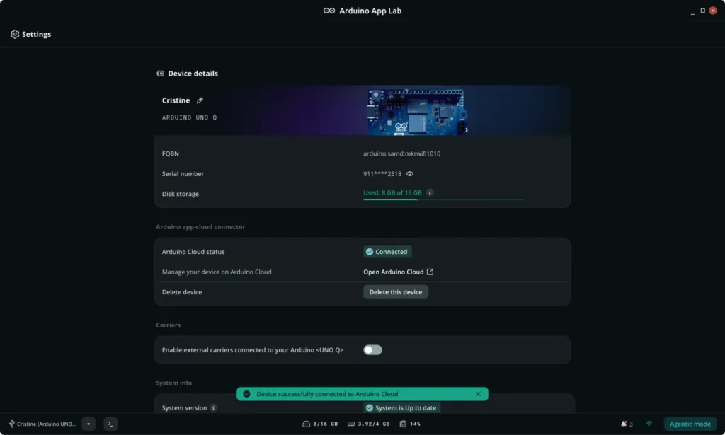 Registro de la UNO Q en Arduino Cloud desde la página de ajustes de App Lab