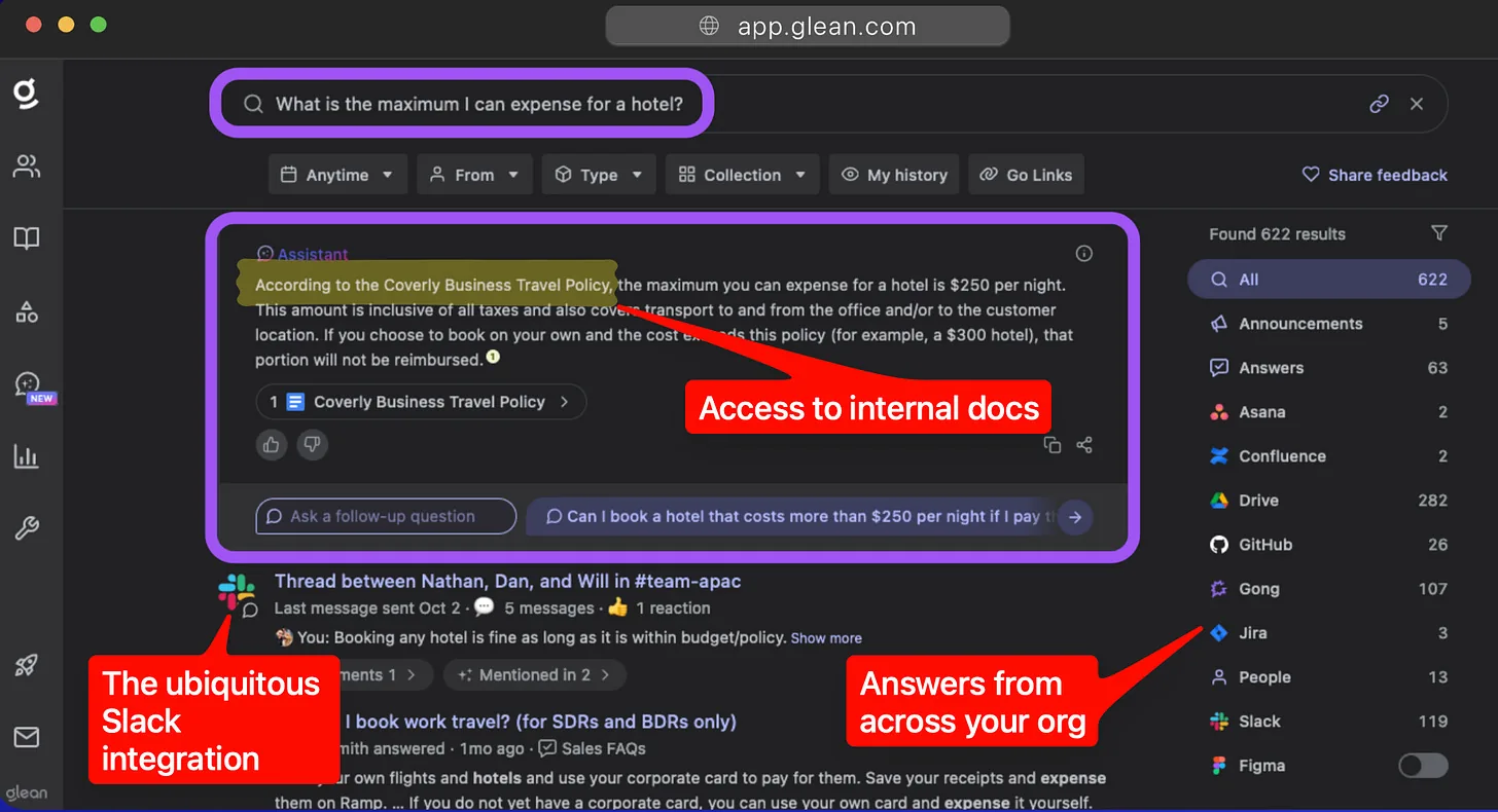 La función de respuestas de Glean toma la información directamente de la documentación de la organización