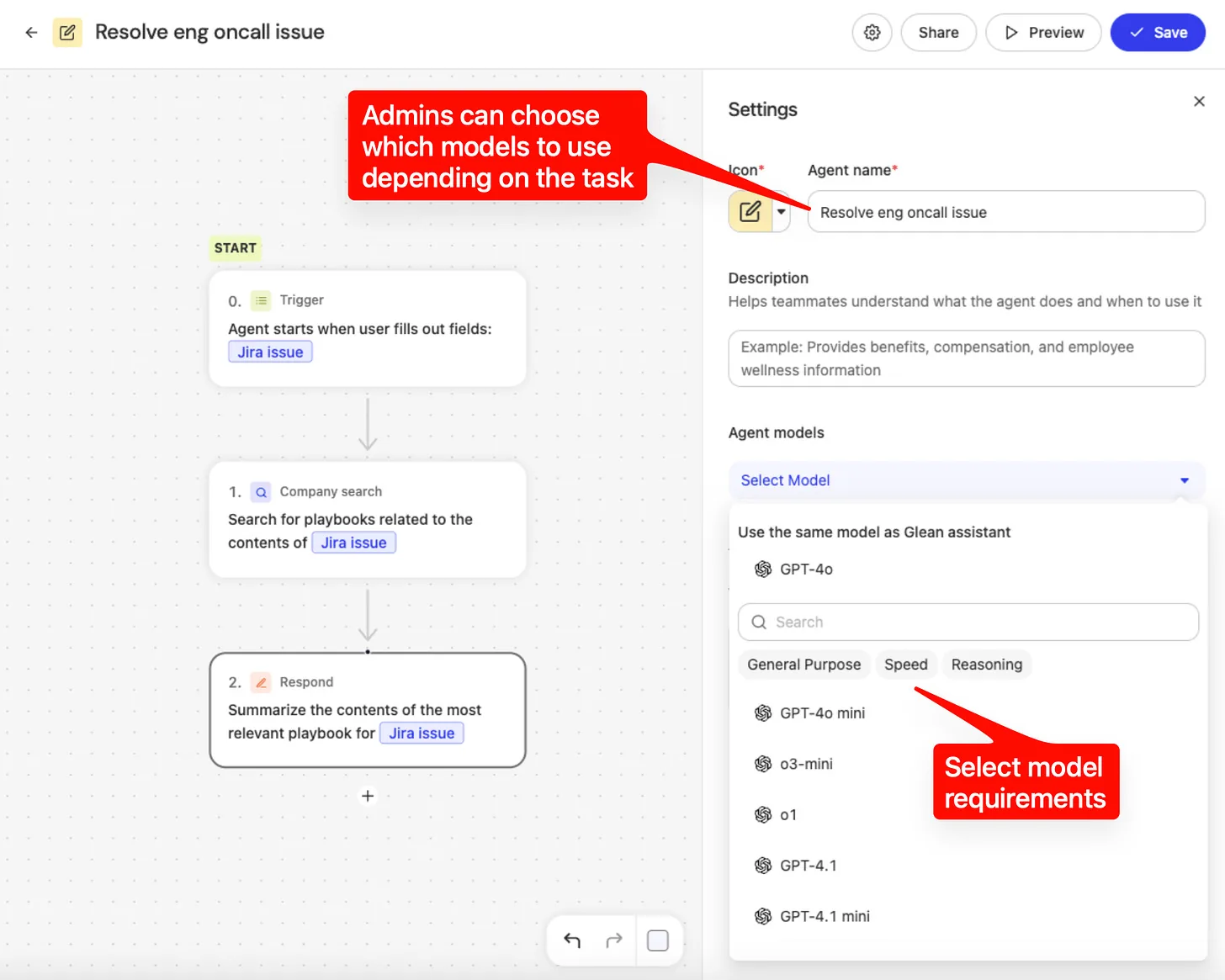 Configuración de modelos para determinadas tareas en Glean