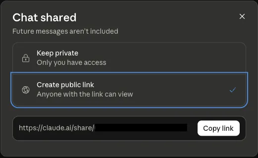 Captura de pantalla de la función 'share chat' de Claude donde el usuario elige la opción 'Crear enlace público'. Créditos: TechCrunch