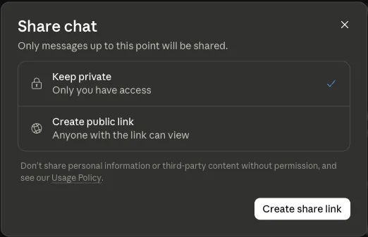 Captura de pantalla de la función 'share chat' de Claude donde el usuario elige la opción 'Mantener privado'. Créditos: TechCrunch